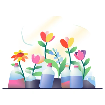 A vibrant garden scene features colorful flowers blooming from transparent ampoules instead of traditional soil. Each ampoule is filled with a variety of colored liquids, creating a spectrum of hues beneath the flowers. The flowers themselves include a mix of roses, daisies, and tulips, showcasing vivid colors like red, yellow, and purple. Green leaves sprout from the ampoules, adding a touch of greenery to the scene. Soft rays of sunlight filter through the atmosphere, illuminating the flowers and creating delicate reflections on the ampoules' surfaces.