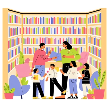 A family of four is exploring a cozy library filled with towering bookshelves. The shelves are packed with colorful books of various sizes. In one corner, there are comfortable reading nooks with plush armchairs and soft lighting. The parents are browsing through books, while the children are excitedly pointing at a large, illustrated storybook. A warm and inviting atmosphere surrounds them, with wooden accents and decorative plants scattered throughout the space.