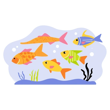 A group of various fish swimming together in a clear blue ocean. Each fish features intricate patterns, with vibrant colors including orange, blue, yellow, and green. The fish have unique shapes, such as a long, slender fish with flowing fins, a round fish with spots, and a bright striped fish. Bubbles rise around them as they move gracefully through the water, surrounded by swaying seaweed and small coral formations in the background.