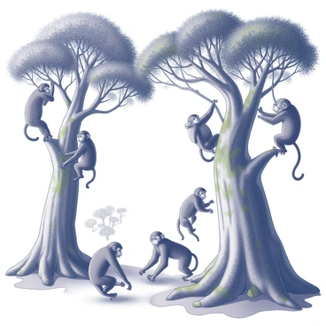 A group of monkeys is engaged in playful activities among large, ancient trees in a forest setting. The monkeys display various poses, climbing on branches, swinging from vines, and interacting with one another. The ancient trees have thick trunks and sprawling roots, with some moss growing on their surfaces. Sunlight filters through the dense canopy above, casting intricate shadows on the forest floor. The scene captures the lively atmosphere of the monkeys and the grandeur of the trees surrounding them.