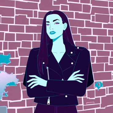 A young woman with light skin and long, straight dark hair wearing a black leather jacket. She is leaning casually against a weathered brick wall, one arm crossed over her body while the other hand rests comfortably on her hip. Her confident expression features slightly raised eyebrows and a subtle smirk. The leather jacket has silver zippers and studs that reflect light. The brick wall is textured, with some graffiti art and patches of peeling paint adding urban detail to the scene.