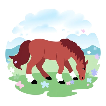 A horse with a shiny chestnut coat is grazing on lush green grass in a sunny meadow. The horse's tail sways gently as it moves from one patch of grass to another. Surrounding the horse are wildflowers in various colors, creating a vibrant scene. In the background, rolling hills can be seen under a clear blue sky filled with soft white clouds. A warm glow from the sun bathes the entire meadow in light, enhancing the tranquil atmosphere.
