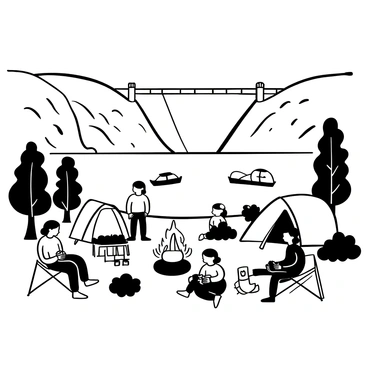 A group of families gathered around a campfire, with several tents set up nearby. The tents are clustered on a grassy area near the shoreline of Lake Mead. In the background, the imposing structure of Hoover Dam can be seen against the rocky landscape. Several children are playing near the water, while adults are sitting on camp chairs, enjoying the outdoor atmosphere. There are picnic tables with food and drinks arranged on them, surrounded by trees and shrubs. A few boats can be seen gently floating on the lake's surface.