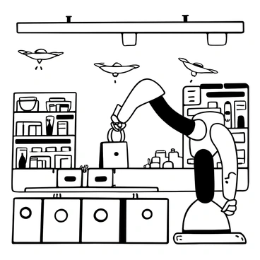 A futuristic robotic arm with sleek metallic surfaces is positioned above a conveyor belt, actively placing items into clear plastic bags. The warehouse features advanced shelving units filled with various products, and automated drones are seen in the background retrieving items. The robotic arm is equipped with precision grippers, showcasing intricate mechanical joints and sensors. Bright overhead lights illuminate the scene, casting sharp shadows across the clean, organized environment.