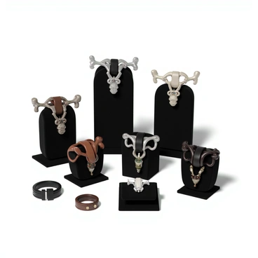 A collection of fashion accessories featuring unique belts and jewelry inspired by the shape of the pelvis. The belts are made from high-quality leather, showcasing a smooth finish with intricate bone-shaped buckles that mimic the pelvis structure. The jewelry pieces include necklaces with pendants shaped like pelvises, crafted from polished silver and adorned with gemstones. Bracelets in the collection feature interlocking designs that echo the curves of the pelvis, made from a combination of metal and leather. The accessories are displayed on elegant black velvet stands, highlighting their artistic design. The entire arrangement is well-lit to emphasize the textures and details of each piece.