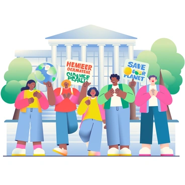 A group of young activists is gathered in front of a government building, holding various creative signs advocating for climate action. The activists have diverse appearances, with individuals of different ethnicities and hairstyles, wearing casual clothing in bright colors. Some signs feature bold letters and illustrations, such as a globe with a green leaf and the words "Save Our Planet." The background shows the government building's architecture, with tall columns and large windows. There are trees lining the street, adding greenery to the scene. A few activists are passionately speaking while others are cheering and clapping in support.