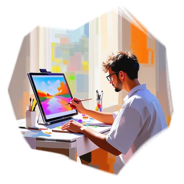 An artist with medium skin and short curly hair is focused on creating a digital painting on a tablet. The tablet is placed on a desk cluttered with art supplies, including brushes and a sketchbook. The screen displays a vibrant landscape scene, and several layers of annotations are visible, highlighting the color palette being used. The artist wears glasses and is dressed in a comfortable, casual shirt. Sunlight streams through a nearby window, illuminating the workspace and casting gentle shadows across the table.