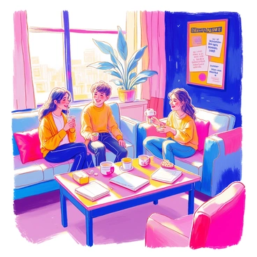 A group of students is gathered in a cozy study area, engaging in lively conversation during a break from studying for their bac exams. Two students are seated on a large, comfortable couch with colorful throw pillows, laughing and sharing stories. A third student leans against a nearby table, holding a cup of coffee and smiling at the others. On the table, there are notebooks, textbooks, and snacks scattered about. In the background, a bulletin board displays motivational quotes and reminders about exam dates. Sunlight filters in through a nearby window, casting a warm glow over the scene.