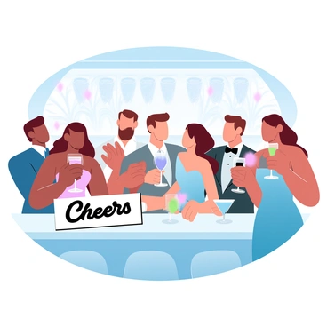 A group of elegantly dressed guests is mingling at a vintage cocktail party. Some guests are holding ornate glasses filled with colorful cocktails, while others are chatting animatedly. The setting features distinct Art Deco elements, including geometric patterns and luxurious furnishings. A decorative bar is adorned with glimmering glassware and intricate designs. Soft lighting casts a warm glow over the scene, highlighting the rich colors of the guests' outfits and the vibrant drinks in their hands. "Cheers" is written in an elegant font on a sign placed on the bar.