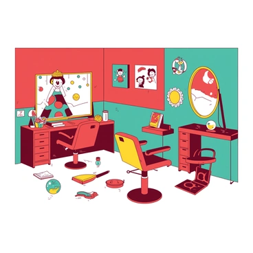 A vibrant children's salon features walls painted in a combination of red and teal. The salon is filled with playful decorations, including oversized cartoon characters and whimsical designs. Tiny salon chairs in assorted colors are arranged throughout the space, each one uniquely styled to attract children. Brightly colored toys and books are scattered around, providing entertainment for waiting children. A large mirror with a playful frame reflects the lively atmosphere of the salon.