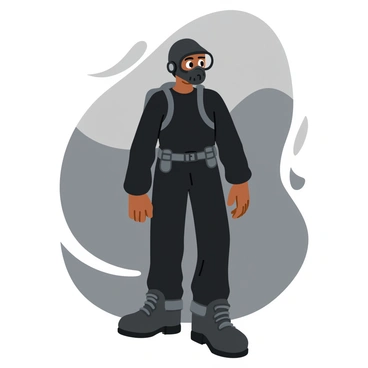 A person wearing a black protective smoke mask stands prominently in the foreground. The mask features a clear visor and filters on the sides. Their eyes are visible, showing a determined expression. The background consists of dense, swirling gray smoke, creating a dramatic atmosphere. Subtle hints of light can be seen piercing through the smoke, adding depth to the scene. The person's clothing is dark and rugged, suggesting they are in a challenging environment.