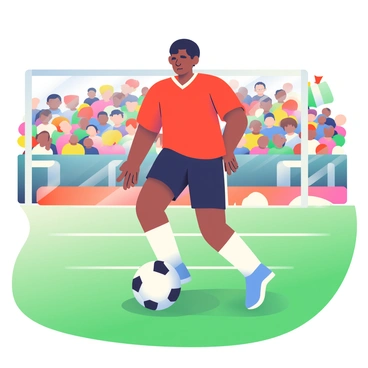 A famous soccer legend with short black hair is captured mid-action on a lush green soccer field. He is wearing a red jersey with white accents and black shorts. His intense expression showcases focus as he dribbles the ball with his right foot. In the background, a cheering crowd can be seen with colorful banners and flags waving. The bright sunlight casts shadows on the field, emphasizing the energy of the game. The soccer ball is sleek and black and white, positioned just in front of his foot as he prepares to make a pass.