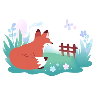 A fox with a bushy tail is crouching low in tall, vibrant green grass, its body partially concealed among the blades. The fox has a sleek, orange-brown coat that blends with the surroundings. Surrounding the fox are wildflowers in soft pastel hues, creating a colorful contrast with the greenery. The fox’s ears are perked up, indicating alertness, as it stares intently at a small clearing ahead, where a wooden fence is faintly visible. A few butterflies flutter nearby, adding to the lively scene.