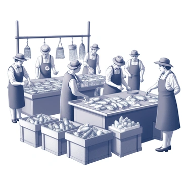 A bustling fish market set in the 1920s, filled with vendors actively peddling fresh fish and seafood. Stalls are lined with a variety of fish including large flounders, shimmering sardines, and crustaceans like crabs and lobsters displayed prominently. Each vendor wears period-specific clothing, such as straw hats and aprons, as they interact with customers. The scene captures the lively atmosphere, with people negotiating prices and children curiously pointing at the displays. Wooden crates filled with ice and fish are scattered throughout, and nets hang from the sides of the stalls. The market is filled with a sense of energy and activity, reflecting a vibrant commerce scene of the era.
