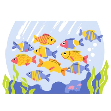 A school of colorful fish with various patterns and shades of blue, yellow, and orange is swimming together in a vibrant formation. The fish are surrounded by lush green aquatic plants and the clear waters of the Amazon River, allowing sunlight to filter through and create shimmering reflections. Bubbles rise from the fish as they move gracefully through the water. In the background, hints of submerged rocks and additional marine life can be seen, adding depth to the scene.