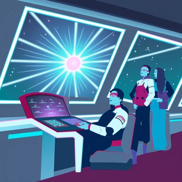 A group of four space travelers inside a sleek, metallic spacecraft with large panoramic windows. Two of the travelers are seated, examining control panels filled with glowing buttons and holographic displays. The other two are standing, looking out through the windows at a bright pulsar emitting intense beams of light in the distance. The interior of the spacecraft is illuminated with soft blue lighting, and the walls are adorned with futuristic technology. The vastness of space is visible outside, filled with distant stars and cosmic dust.