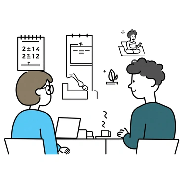 A therapist, a woman with short brown hair wearing glasses and a light blue blouse, is sitting in a cozy, minimalistic office setting. She is listening attentively to her client, a man with curly black hair, wearing a dark green sweater. A notepad is open on the table in front of them. 

On the wall behind them, there are visuals depicting various relaxing activities. There are simple illustrations of a person meditating, someone reading a book in a comfy chair, a small plant suggesting nature, and a cup of tea resting on a table. There is a calendar page showing a few days marked for self-care activities. The atmosphere conveys a sense of calm and encouragement.