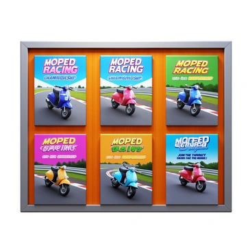 Posters of moped racing events displayed on a dealership bulletin board
