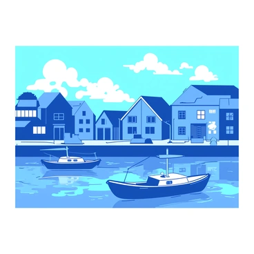 A blue seaside town is depicted with colorful houses lining the waterfront. In the foreground, there are several small boats docked in the harbor, each boat having different designs and sizes. The water is calm and reflects the vibrant colors of the houses. In the background, a sky filled with fluffy clouds adds depth to the scene. The entire image is set on a 10x15 board, capturing the charm of the town and the activity of the harbor.