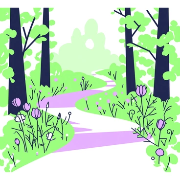 A winding pathway through a dense forest is prominently featured in the image. The path is flanked by a variety of wild milkweed plants, displaying their distinct flowers and pods. Sunlight filters through the tree canopy overhead, casting dappled shadows along the ground. To the sides of the path, lush greenery and occasional wildflowers add to the natural setting. In the background, tall trees rise majestically, completing the serene atmosphere of this nature hike.