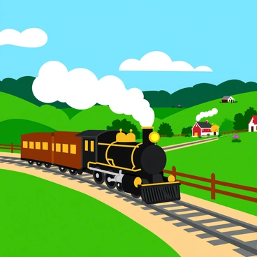A vintage steam train with billowing white smoke is chugging along a winding track. The train features a shiny black engine with brass accents and several classic wooden carriages. The picturesque countryside is filled with rolling green hills, dotted with vibrant wildflowers. A bright blue sky serves as a backdrop, with fluffy white clouds scattered throughout. In the distance, a quaint farmhouse with a red roof and a barn can be seen, surrounded by lush trees. A small wooden fence runs alongside the train tracks, enhancing the scenic view.