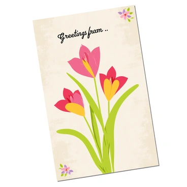 A vintage postcard with a textured beige background. The postcard features an illustration of vibrant gladiolus flowers in various shades of pink, red, and yellow. The flowers are arranged elegantly with their tall green stems and pointed leaves. At the top of the postcard, there is decorative script that reads "Greetings from..." in an ornate font. The corners of the postcard are adorned with subtle floral motifs that complement the gladiolus flowers.