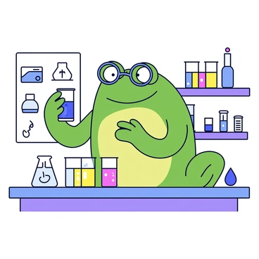 A frog with a smooth green body and large, round eyes is wearing round glasses perched on its snout. The frog is standing on a laboratory table surrounded by various colorful test tubes filled with liquids of different hues, such as blue, red, and yellow. The frog is holding a test tube delicately in its webbed hands, looking closely at it as if analyzing the contents. In the background, there are shelves filled with more equipment and scientific paraphernalia.