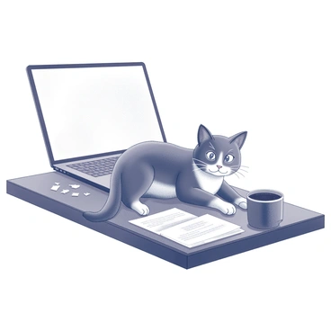 A cat lying on a desk beside an open laptop. The cat has a sleek fur coat and is positioned comfortably, with its front paws stretched out. Its eyes are wide and focused, intently watching the screen of the laptop. The laptop has a glowing display, casting a soft light that adds depth to the scene. The desk surface is cluttered with a few scattered papers and a coffee mug, creating a cozy environment.