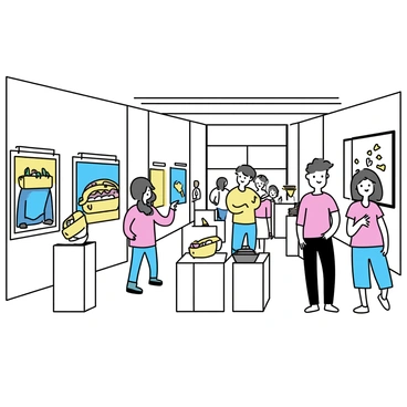 A bright art gallery with white walls and wooden flooring. Various "burrito-themed paintings" are displayed in simple frames, showcasing colorful depictions of burritos in different styles. On pedestals throughout the gallery, there are "sculptures of burritos," crafted from materials like clay and metal, each with distinct textures and colors. Visitors wander through the space, observing the art, with some stopping to discuss their favorite pieces. Natural light filters in from large windows, illuminating the vibrant artwork.