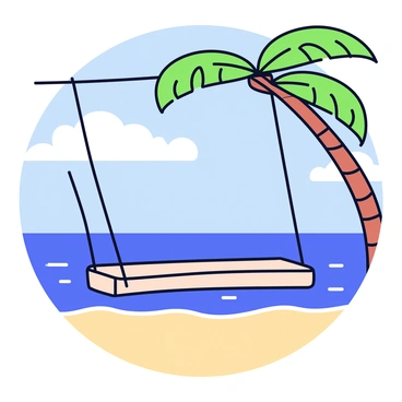 A rustic swing made of thick wooden planks is hanging from a sturdy coconut palm tree. The swing's ropes are tied securely, allowing it to sway gently in the breeze. Beneath the swing, the soft sand meets the edge of the ocean, which is visible with its gentle waves lapping against the shore. In the background, the sky is clear with a few fluffy white clouds, and the water shimmers in various shades of blue.