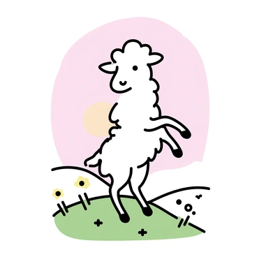 A white lamb with a fluffy coat is standing on its hind legs, gracefully balancing as it performs a ballet pose on a green hilltop. The hilltop is covered with fresh grass and scattered wildflowers. The sky is painted in soft shades of pink and orange, indicating dawn. The lamb appears focused and elegant, with its front hooves extended gracefully. The surrounding landscape is serene, with gentle slopes leading down from the hilltop.