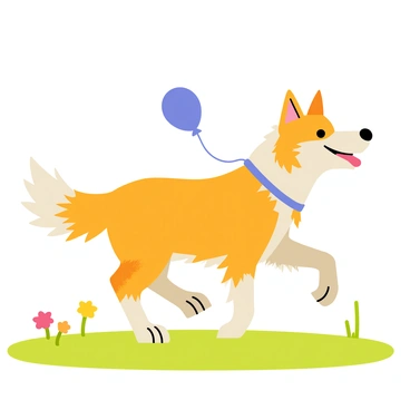 A collie joyfully carrying a balloon tied to its collar