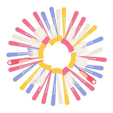 A pattern composed of overlapping bristles from various brushes, arranged in a circular formation. The bristles vary in color, including shades of pink, blue, and yellow, creating a vibrant display. Each brush's handle is partially visible, adding texture and contrast to the pattern. The different lengths of the bristles create a sense of depth and movement within the design. The overall composition is harmonious and visually striking, drawing attention to the unique arrangement of the brush bristles.