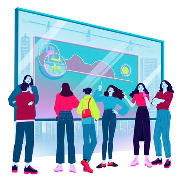 A diverse group of passersby, including individuals of various ages and ethnicities, standing on a bustling street. They are peering curiously into a gallery window that showcases a large, vibrant mural. The mural features intricate patterns and a spectrum of colors, blending shades of blue, red, and yellow. Some passersby are pointing, while others are discussing the artwork animatedly. The gallery window is framed by modern architecture, and reflections of the cityscape can be seen in the glass.