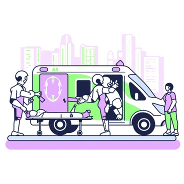 An AI-powered ambulance is parked on a street, with its doors open. The exterior of the ambulance features sleek, modern lines and advanced technology evident in its design. Robotic arms extend from the side, actively administering first aid to a patient lying on a stretcher. The robotic arms are equipped with various medical tools, such as a syringe and a bandage dispenser. Nearby, a medical professional is observing and ready to assist. In the background, there are bystanders watching the scene unfold, with a cityscape visible in the distance.