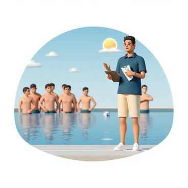A water polo coach, wearing a navy blue polo shirt, beige shorts, and white sneakers, stands confidently at the poolside. He is holding a clipboard with notes and gesturing with his right hand, emphasizing a point. The sun reflects off the water, while the team, dressed in matching swimsuits, gathers around him, listening attentively. Some players have their hands on their hips, while others are nodding, showing their engagement. In the background, a few water polo balls float in the pool, and the bright blue sky adds to the vibrant scene.