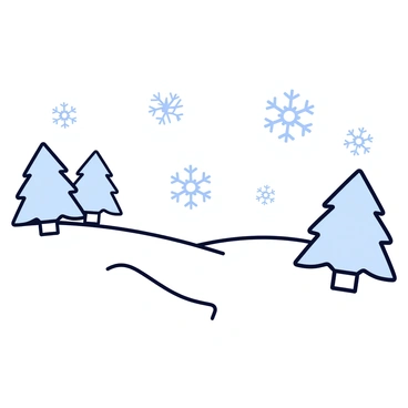 A snowy landscape with soft white snow covering the ground. Delicate snowflakes are depicted swirling gently in the air, each one unique in shape and design. In the background, there are a few pine trees that are coated with a light dusting of snow. The overall scene conveys the tranquility of a winter day.