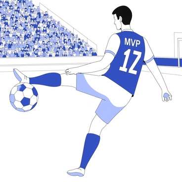 A soccer player is in mid-kick, focused on striking a soccer ball. The player is wearing a uniform complete with a jersey featuring the "MVP" title printed on the back. The stadium is packed with enthusiastic fans, all visible in the stands, creating a lively atmosphere. The field is marked with white lines, and the goalposts are visible in the background. The player's posture is dynamic, showcasing strength and precision in the act of kicking the ball.