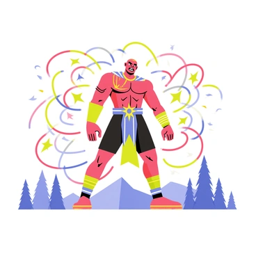 Kratos is positioned in a dynamic stance, with his muscles tensed and ready to unleash a powerful magical attack. His expression is fierce and focused, showcasing his determination. Surrounding him are vibrant colors of swirling energy, including shades of blue, red, and green, creating a mesmerizing aura around his body. The energy manifests in spirals and arcs, with sparks of light radiating outward. In the background, there are faint silhouettes of mountains and trees, emphasizing the intensity of the scene.