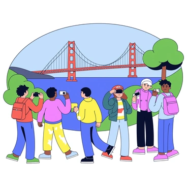A group of tourists stands at a popular viewpoint overlooking the "Golden Gate Bridge." The tourists, a mix of different ethnicities, are holding cameras and smartphones, capturing images of the landmark. Some have backpacks while others are pointing at the bridge, excited to take photos. In the background, the "Golden Gate Bridge" spans across the bay, its bright orange color contrasting against a clear blue sky. The viewpoint is surrounded by lush greenery, with a few trees framing the scene.