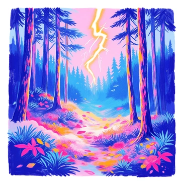 A bolt of lightning strikes down into a dense, misty forest. The bright flash illuminates the treetops, revealing tall pine trees with dark green needles. The forest floor is covered in a thick layer of fallen leaves and ferns. Mist swirls around the bases of the trees, creating a mysterious atmosphere. In the background, silhouettes of more trees can be seen, blending into the fog. The lightning bolt appears jagged and bright against the darkening sky above.