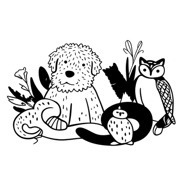 A collection of various animals arranged in a dynamic composition. There is a fluffy dog with textured fur, showcasing intricate patterns using illustration markers. Next to the dog, a cat with smooth, sleek fur is depicted, also highlighted with detailed markings. A reptile, such as a snake, is shown with distinct scales, using alcohol markers to create a shiny effect. An owl is perched close by, its feathers illustrated with various strokes to emphasize the softness of its plumage. Each animal is clearly defined, with their textures standing out prominently against a blank background.