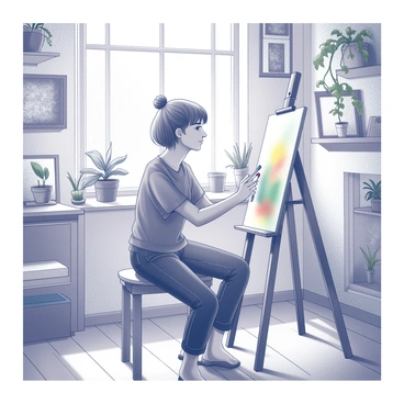 An individual with an introspective expression is seated in a cozy home studio, surrounded by a variety of plants that are placed on shelves and windowsills. The room is adorned with various art pieces hanging on the walls, displaying different styles and forms of creativity. The person is focused on painting on a canvas, holding a paintbrush with care. The easel stands in front of them, supporting a vibrant piece that captures their imagination. Sunlight filters through the windows, casting gentle shadows across the wooden floor.