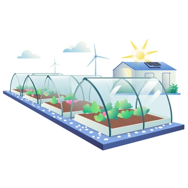 A series of greenhouses with transparent glass panels are arranged in a neat row. Each greenhouse has various plants visible inside, including leafy greens and flowering plants. Surrounding the greenhouses is a well-maintained gravel path with small white stones. In the background, a small, modern microgrid station is visible with solar panels on the roof and wind turbines nearby. The sky above is clear with soft clouds, and sunlight is shining down, illuminating the greenhouses. The scene conveys a harmonious blend of nature and technology.