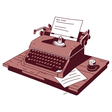 An old typewriter with a wooden frame and black keys is positioned on a rustic wooden desk. The typewriter has a shiny silver carriage and vintage ribbon spools. A partially typed letter is resting in the carriage, with visible text that reads "Dear Friend," at the top. The surrounding space includes scattered sheets of blank paper and a small ink bottle beside the typewriter. A soft light casts gentle shadows, emphasizing the wear and character of the typewriter.