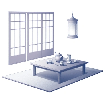 A traditional tea ceremony is being conducted in a room featuring simple architectural lines. In the center of the image, a low wooden table is set with an elegant tea set, including a teapot, teacups, and a serving tray. The items are arranged meticulously, showcasing intricate designs. Above the table, a delicate hanging lantern provides soft illumination. In the background, sliding shoji screens allow hints of natural light into the space. A large tatami mat covers the floor, creating a warm environment.