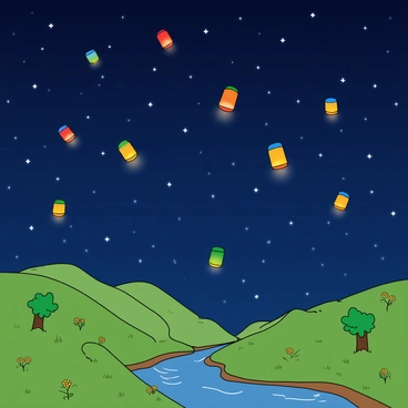 A serene night sky filled with numerous colorful lanterns floating gently among the stars. Each lantern emits a warm glow, illuminating different sections of a whimsical landscape below. The landscape features gently rolling hills, dotted with small trees and patches of flowers that are softly lit by the lanterns’ light. The foreground has a small river, reflecting the colors of the lanterns above. The overall scene conveys a sense of peacefulness and wonder as the lanterns drift upwards into the vast night sky.
