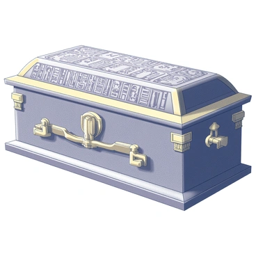 A sarcophagus with a rectangular shape, featuring intricate hieroglyphs carved into its surface. The hieroglyphs are arranged in a detailed pattern, telling stories and representing various symbols. The sarcophagus is adorned with golden embellishments, which include decorative borders and motifs, giving it an opulent appearance. The lid of the sarcophagus is slightly ajar, revealing a glimpse of the interior. The overall design showcases the craftsmanship of ancient Egyptian artisans, highlighting their attention to intricate details and cultural significance.