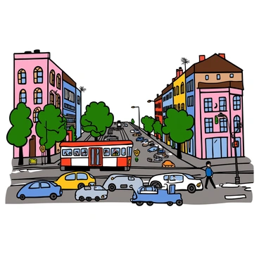 A tram with a bright red and white design is crossing a busy street intersection in a European city. The tram is in motion, with its doors open, and passengers can be seen onboard. The street is filled with cars in various colors and sizes, and pedestrians are walking along the sidewalks, some waiting to cross the street. Tall buildings with European architecture line the sides of the street, featuring balconies and colorful facades. Streetlights and traffic signals are visible, adding to the urban atmosphere, while trees provide some greenery along the sidewalks.