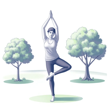 A person in a standing position, balancing on one leg while the other leg is bent with the foot placed against the inner thigh. The individual's arms are raised above their head with palms together, illustrating the "tree pose." The surrounding environment includes a lush green park with well-maintained grass, a few trees with detailed leaves, and a clear sky in the background, enhancing the serene atmosphere of the scene.